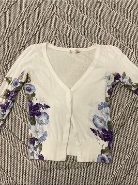 Anthropologie White Cardigan with Purple & Lavender Floral Accents